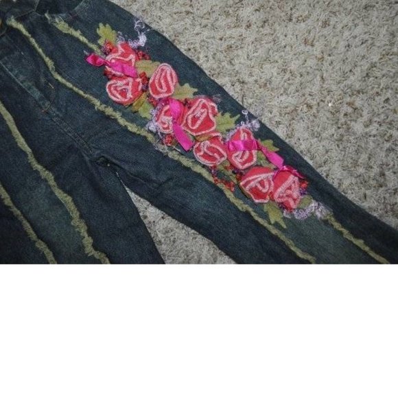 *Jeans Beetlejuice sz 6/6X Blue Frayed Jagged Hem Fabric Floral Rose Denim Girls - Picture 3 of 6